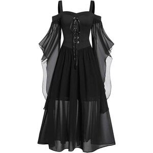 Women's Gothic Punk Cold Shoulder Butterfly Sleeve Christmas Cosplay Party Dress